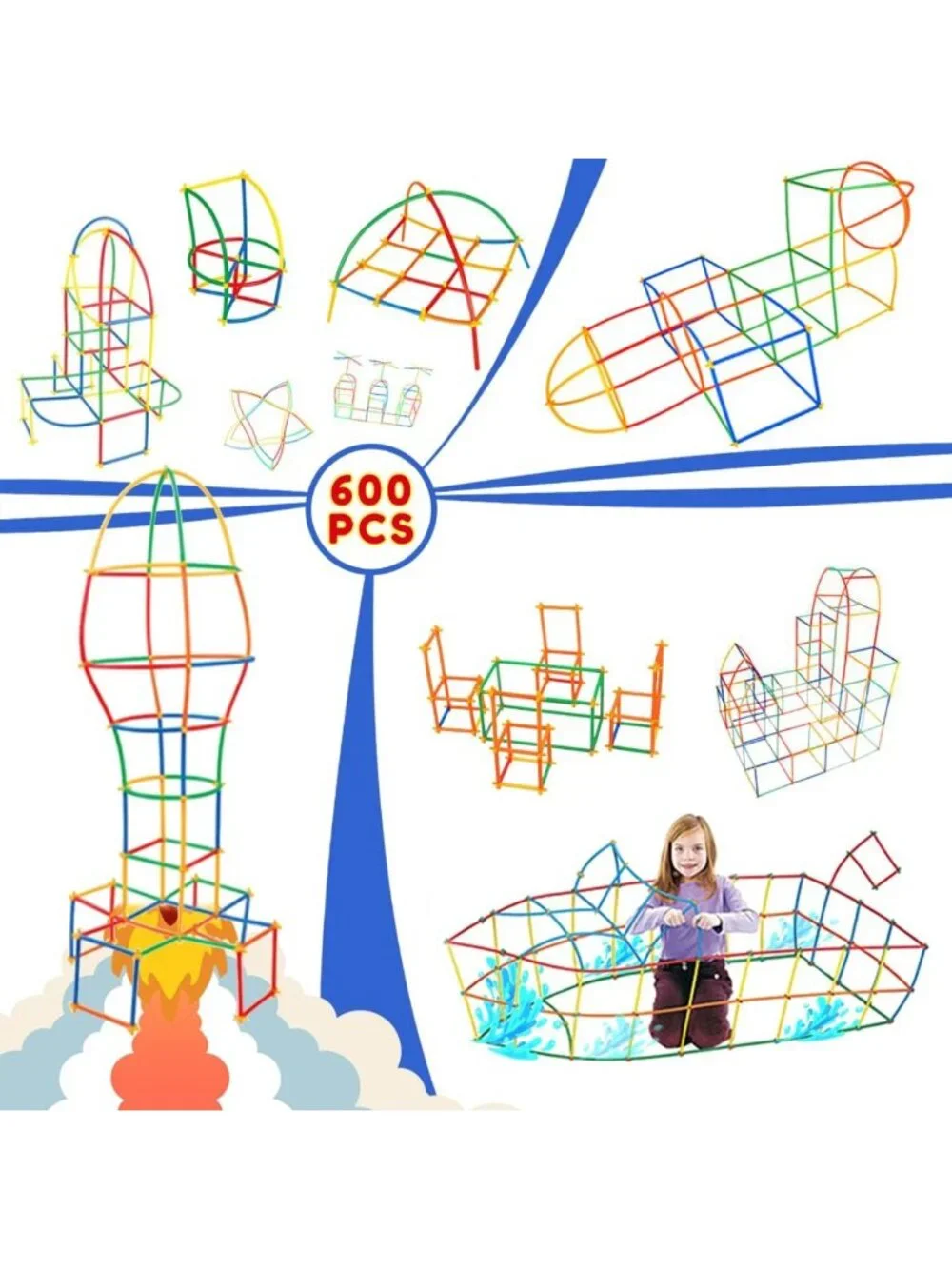STEM Building Toy Set - 600Pcs Interlocking Straw Blocks for Kids 3-7